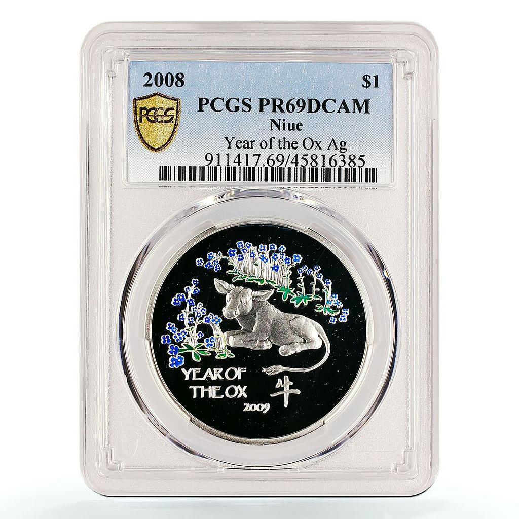 Niue 1 dollar Lunar Calendar Year of the Ox PR69 PCGS colored silver coin 2008