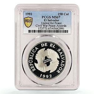 Salvador 150 colones Union for the Peace Handshake MS67 PCGS silver coin 1992