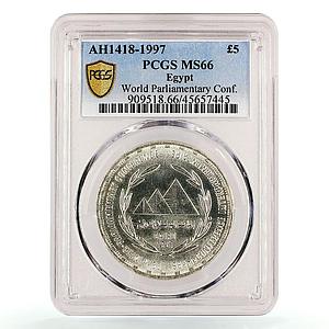 Egypt 5 pounds Worlds Parliamentary Conference Pyramids MS66 PCGS Ag coin 1997