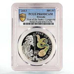 Rwanda 500 francs Lunar Year of the Snake Longevity PR69 PCGS silver coin 2013