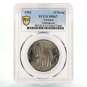 Vietnam 10 dong Dinosaur Diplodocus MS67 PCGS CuNi coin 1993