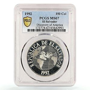 Salvador 150 colones Two Worlds Columbus Ship Clippers MS67 PCGS Ag coin 1992