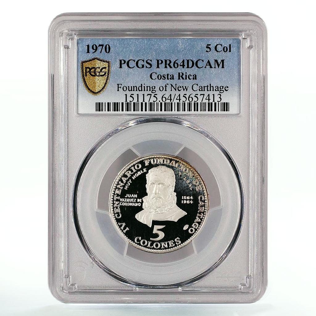 Costa Rica 5 colones 40 Years New Carthage Juan Coronado PR64 PCGS Ag coin 1970