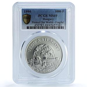 Hungary 1000 forint Protect Our World Fragile Bird Map MS69 PCGS Ag coin 1994