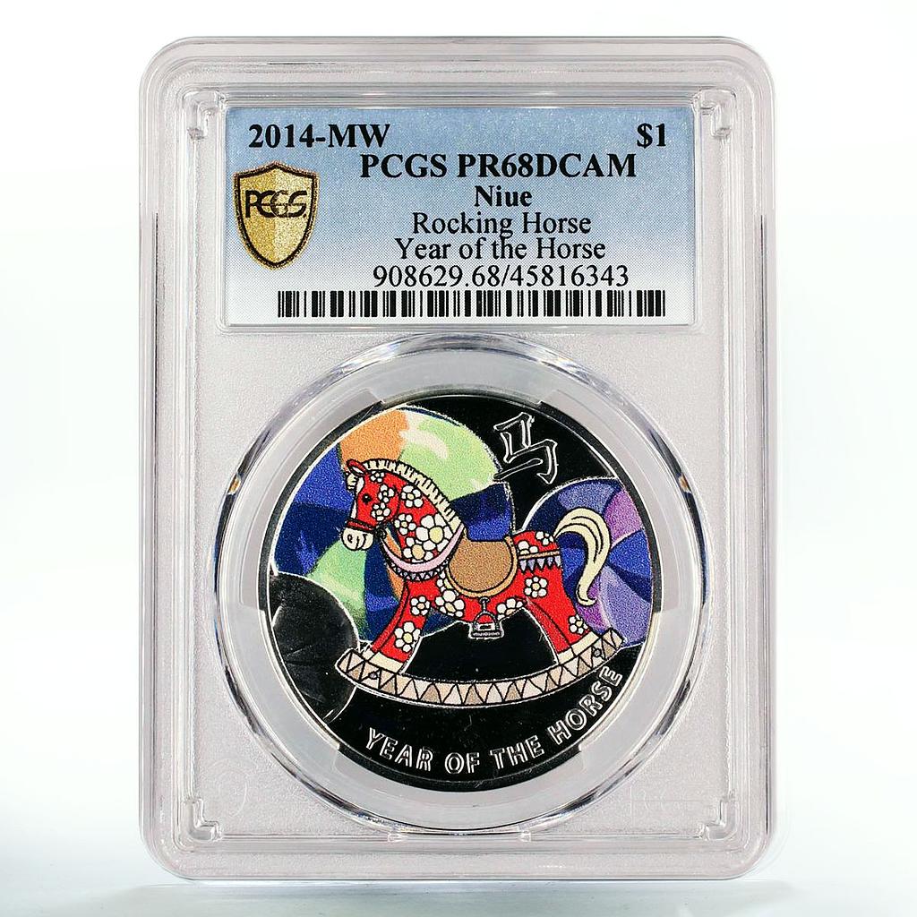 Niue 1 dollar Lunar Year of the Horse Rocking Toy PR68 PCGS silver coin 2014