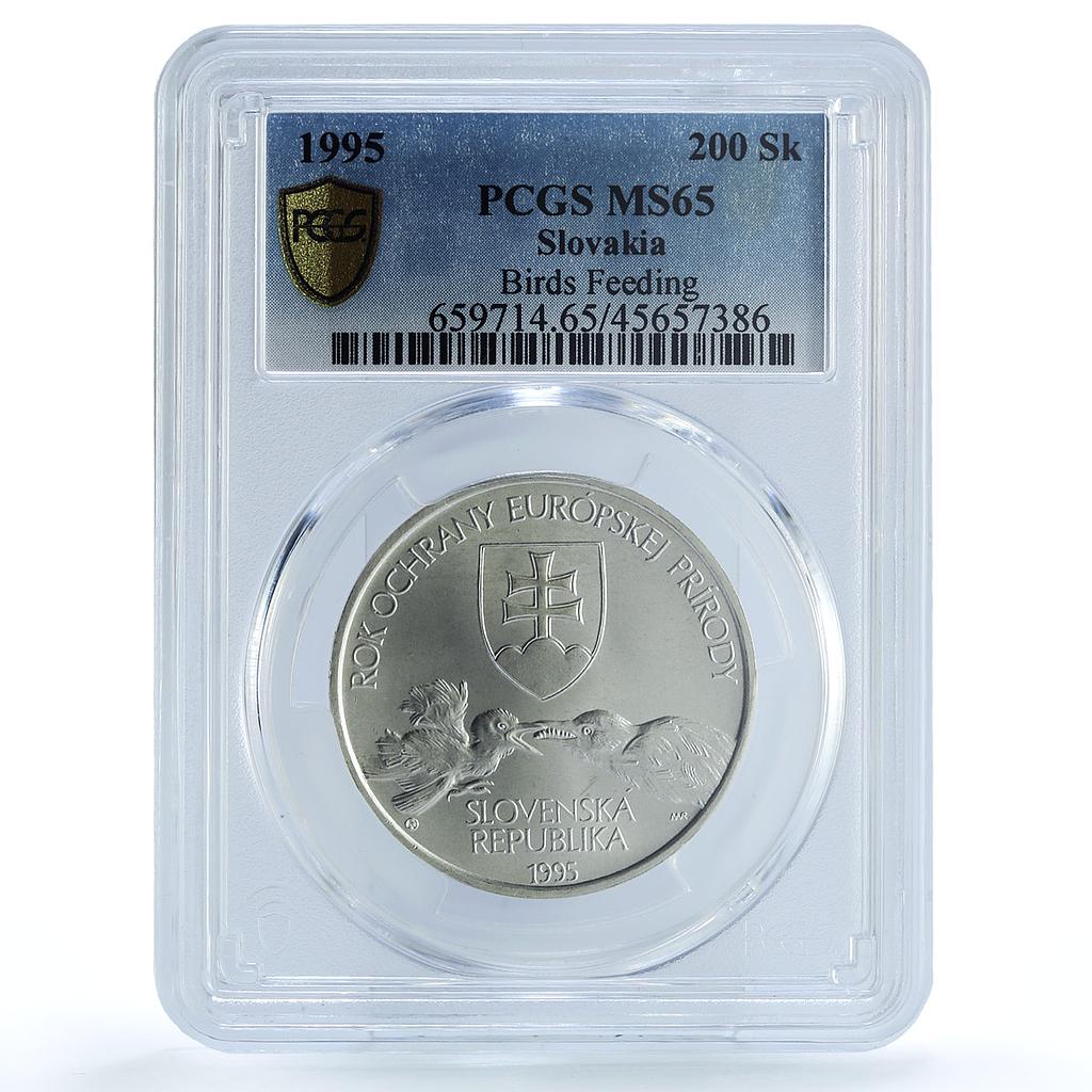 Slovakia 200 korun Endangered Wildlife Stork Bird Feeding MS65 PCGS Ag coin 1995