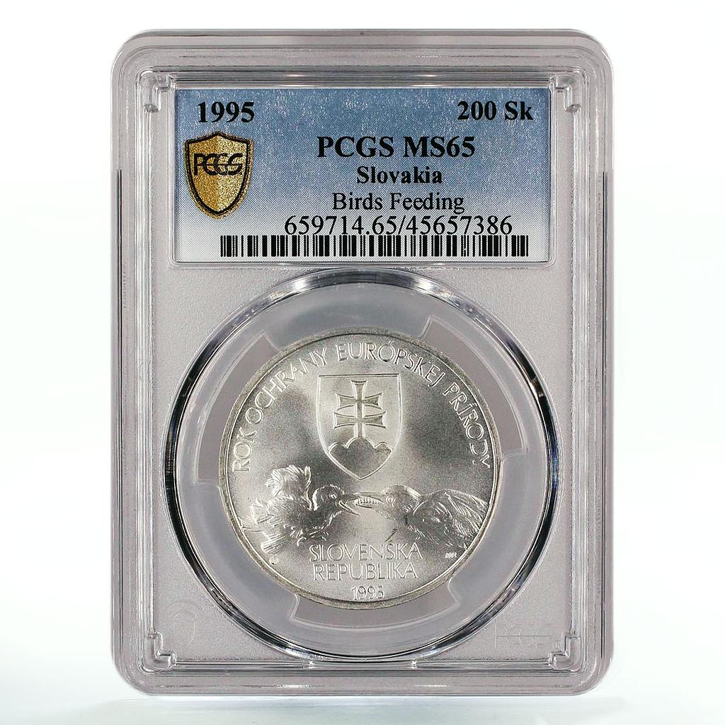 Slovakia 200 korun Endangered Wildlife Stork Bird Feeding MS65 PCGS Ag coin 1995