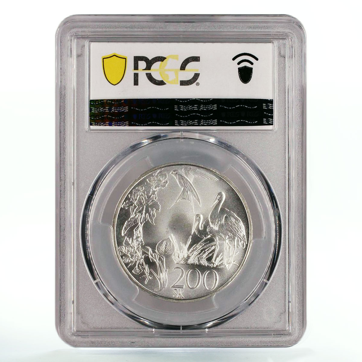 Slovakia 200 korun Endangered Wildlife Stork Bird Feeding MS65 PCGS Ag coin 1995