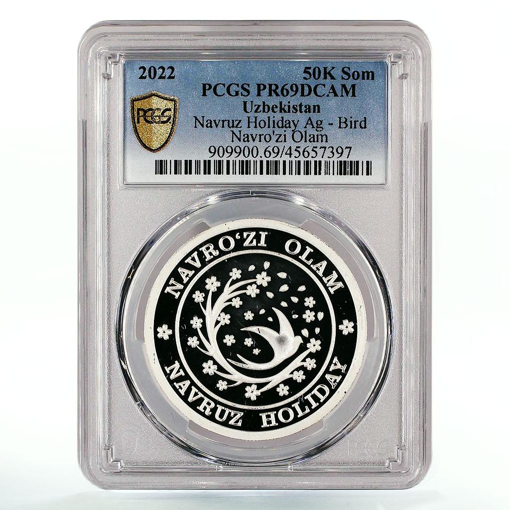 Uzbekistan 50000 som Traditional Navruz Holiday Bird PR69 PCGS Ag coin 2022
