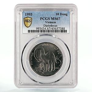 Vietnam 10 dong Dinosaur Diplodocus MS67 PCGS CuNi coin 1993