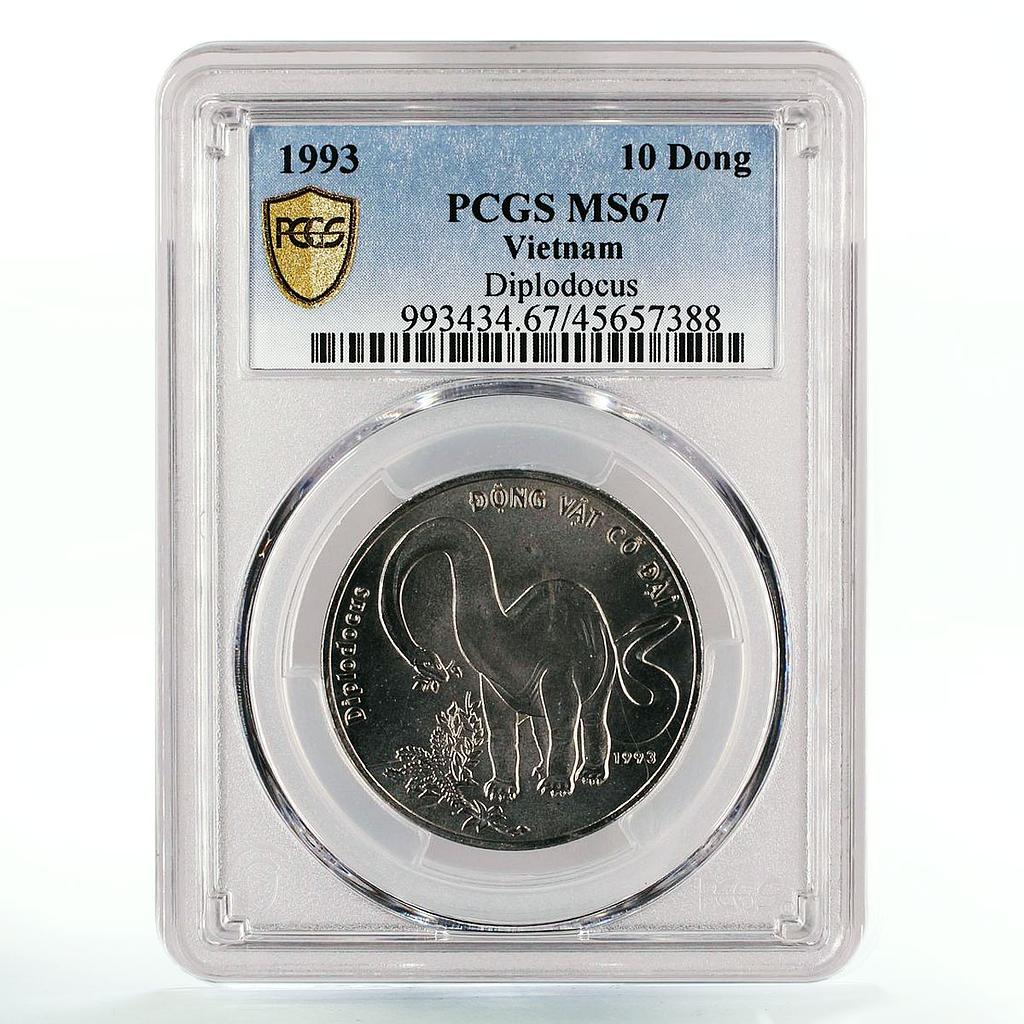 Vietnam 10 dong Dinosaur Diplodocus MS67 PCGS CuNi coin 1993