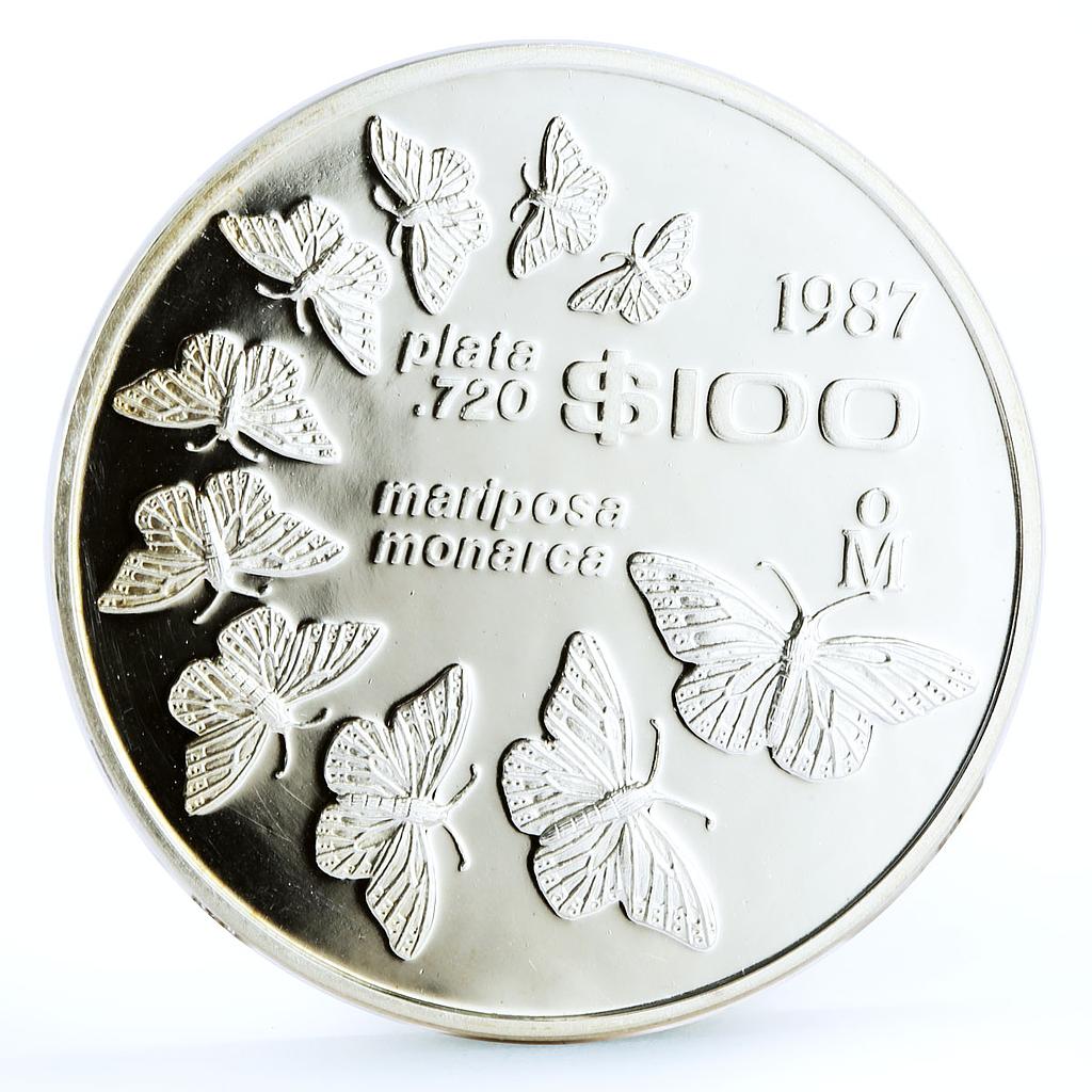 Mexico 100 pesos Monarch Butterflies Fauna proof silver coin 1987