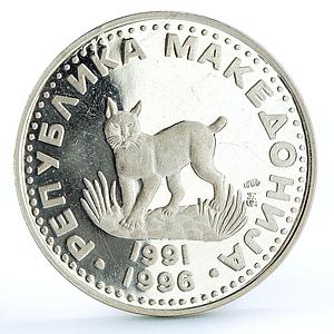 Macedonia 5 denari Endangred Wildlife Lynx Cat Fauna proof Ag proba coin 1996