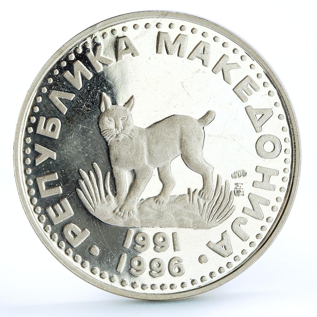 Macedonia 5 denari Endangred Wildlife Lynx Cat Fauna proof Ag proba coin 1996
