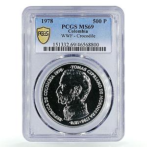 Colombia 500 pesos Endangered Wildlife Crocodile Fauna MS69 PCGS silver 1978