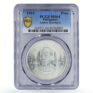 Philippines 1 peso 100 Anniversary Birth Andres Bonifacio MS64 PCGS silver 1963