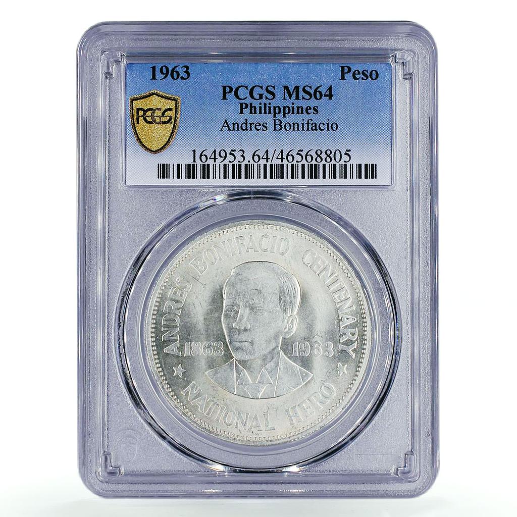 Philippines 1 peso 100 Anniversary Birth Andres Bonifacio MS64 PCGS silver 1963