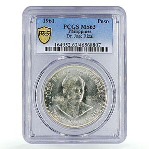 Philippines 1 piso 100 Years National Hero Jose Rizal MS63 PCGS Ag coin 1961