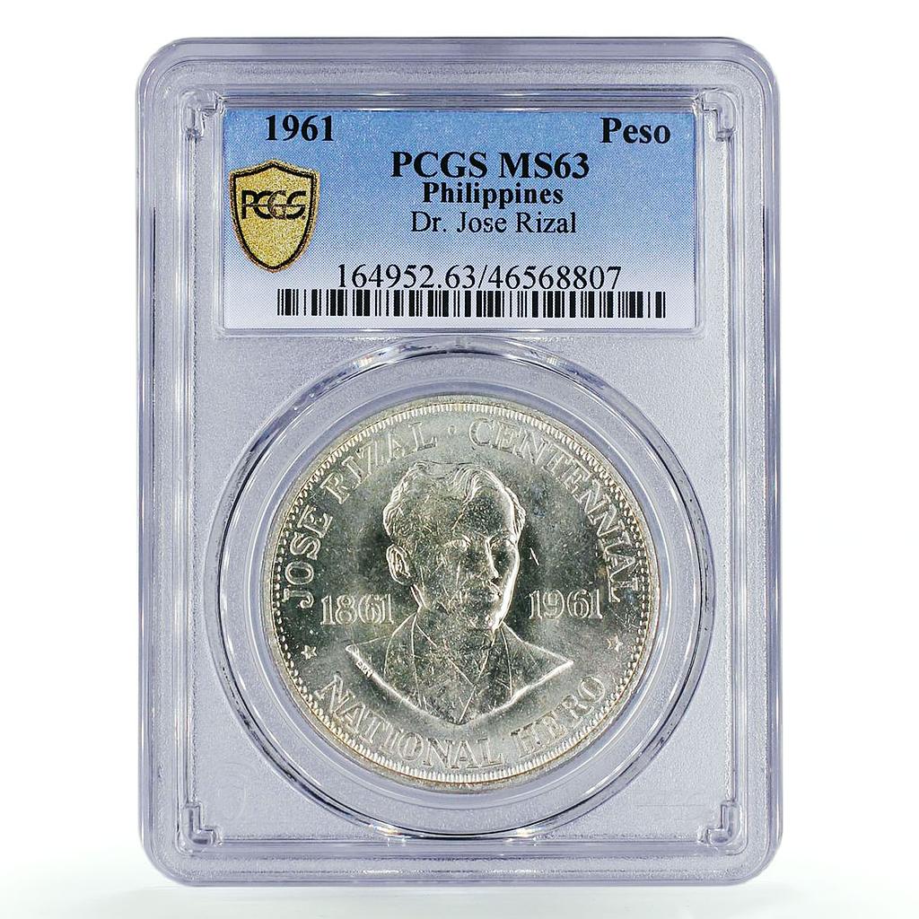 Philippines 1 piso 100 Years National Hero Jose Rizal MS63 PCGS Ag coin 1961