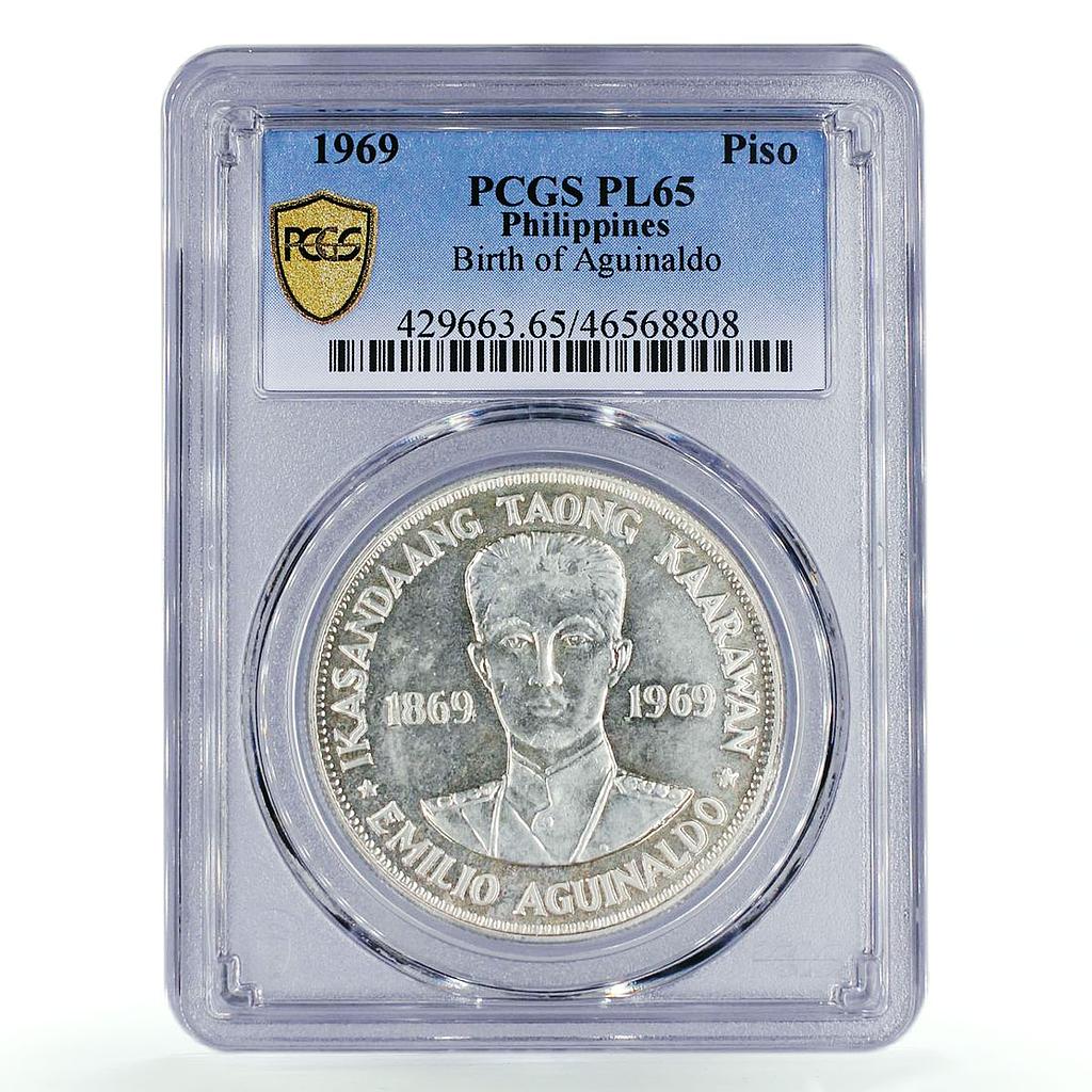 Philippines 1 piso Birth of Emilio Aguinaldo PL65 PCGS silver coin 1969