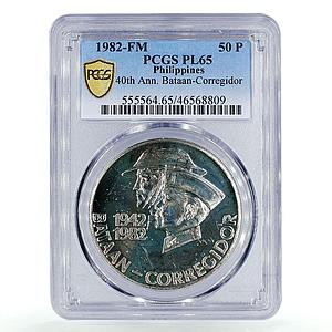 Philippines 50 piso 40th Anniversary of Bataan PL65 PCGS silver coin 1982