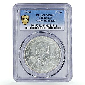 Philippines 1 peso 100 Anniversary Birth Andres Bonifacio MS63 PCGS silver 1963