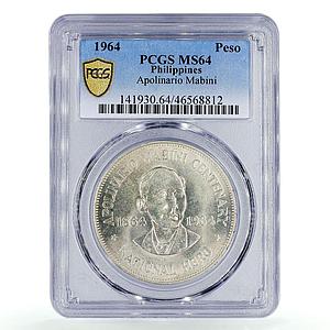 Philippines 1 peso 100 Anniversary Birth Apolina Mabini MS64 PCGS silver 1964