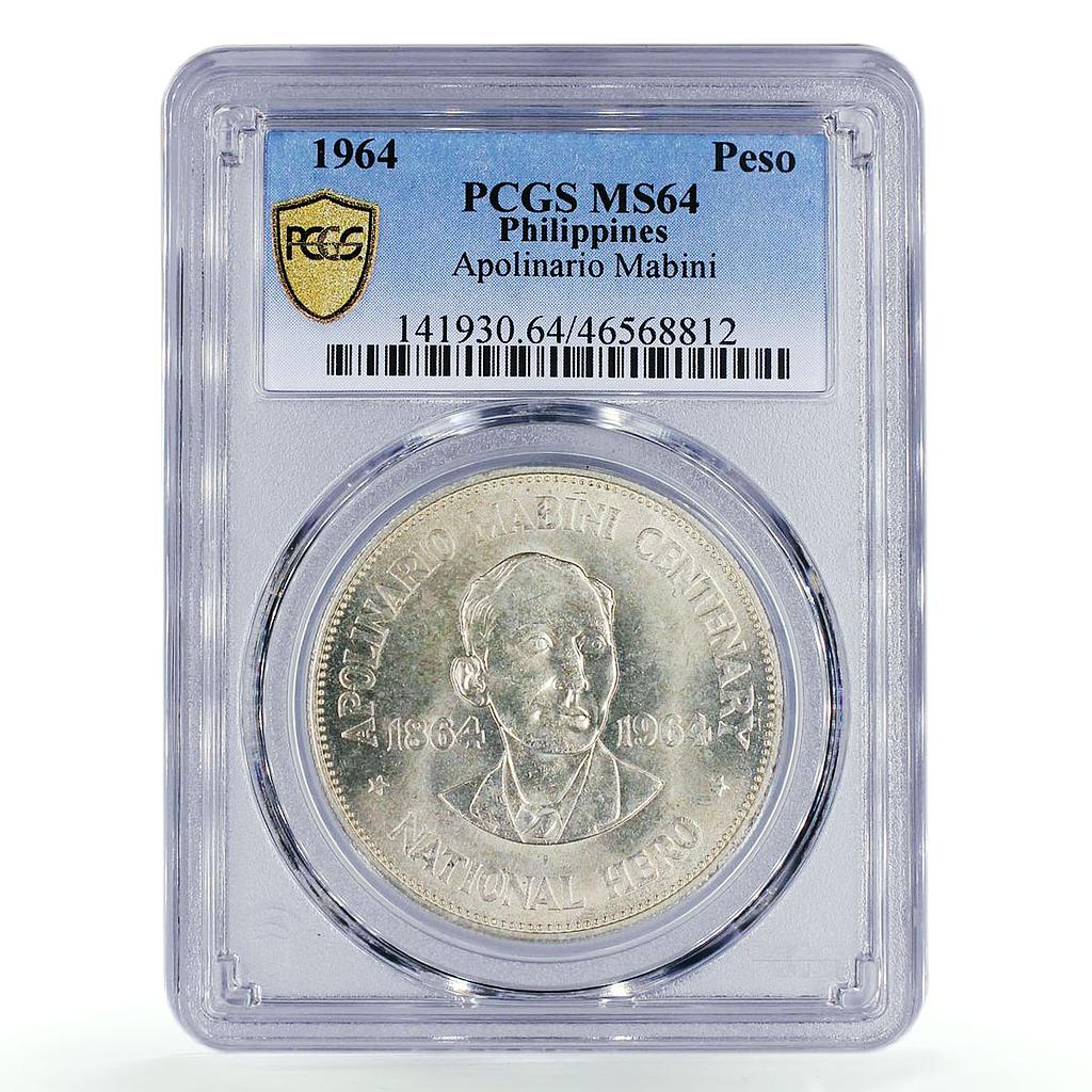 Philippines 1 peso 100 Anniversary Birth Apolina Mabini MS64 PCGS silver 1964