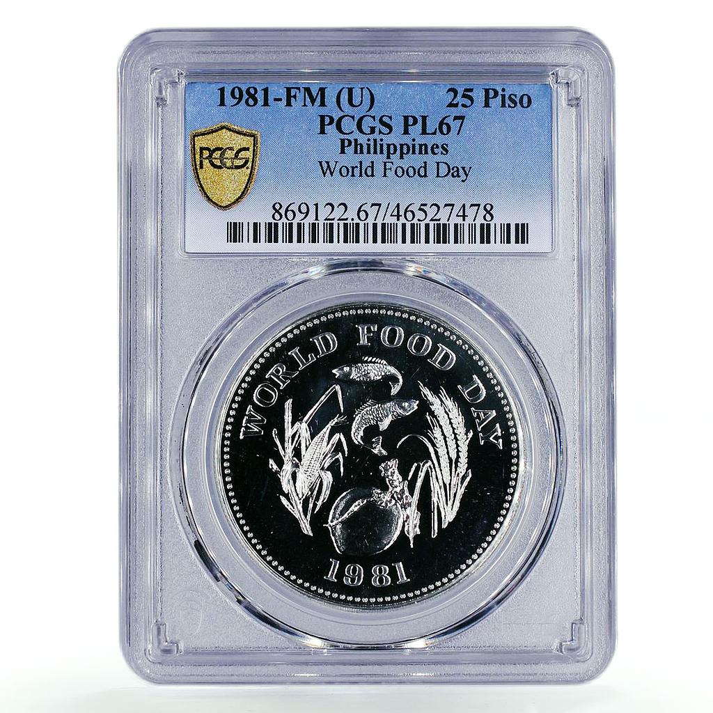 Philippines 25 piso FAO World Food Day Fish Fruits PL67 PCGS silver coin 1981