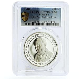 Tanzania 200 shillings Independence Julius Nyerere PR67 PCGS silver coin 1981