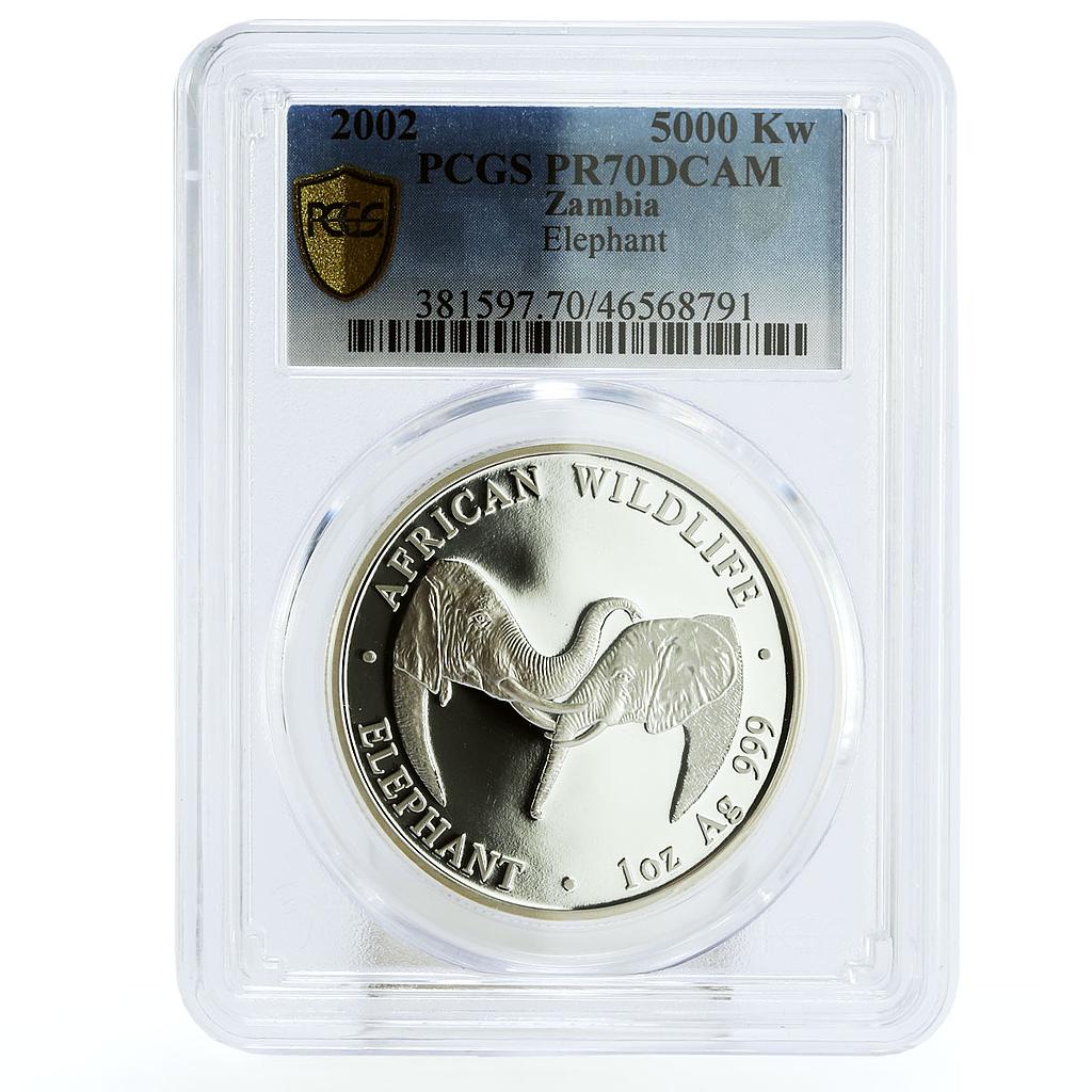 Zambia 5000 kwacha African Wildlife Elephants Fauna PR70 PCGS silver coin 2002