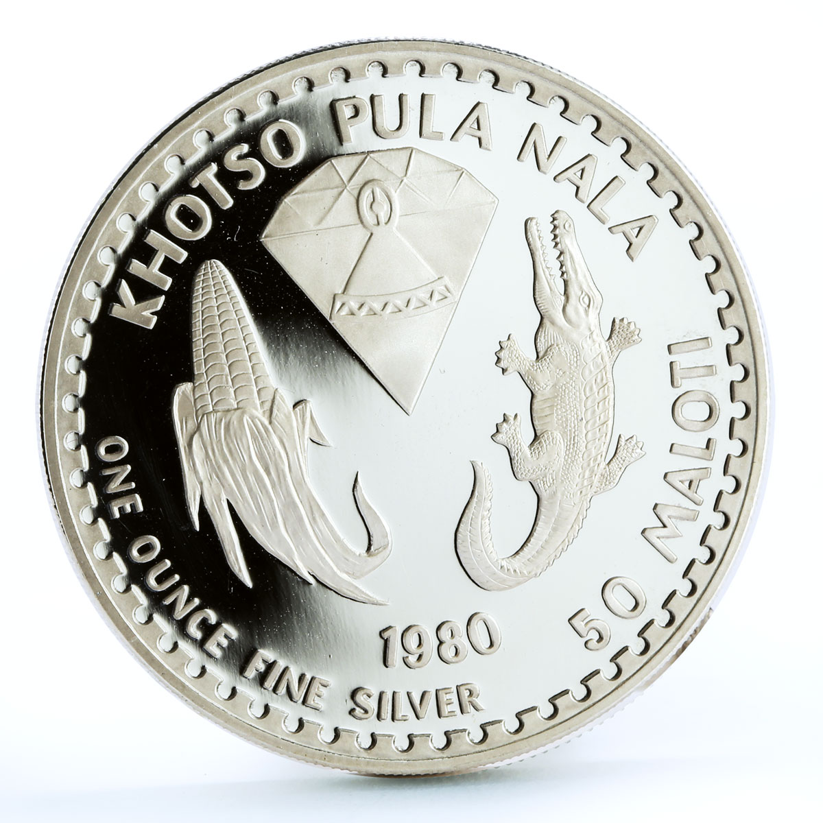 Lesotho 50 maloti 110 Years King Moshoeshoe Crocodiles Fauna silver coin 1980