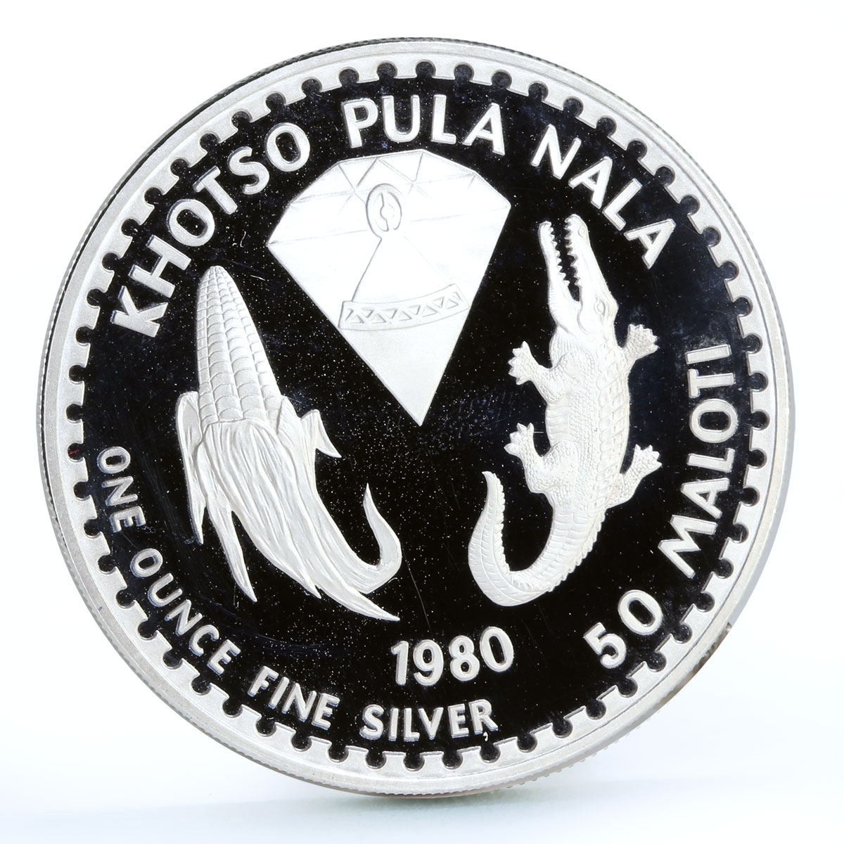 Lesotho 50 maloti 110 Years King Moshoeshoe Crocodiles Fauna silver coin 1980