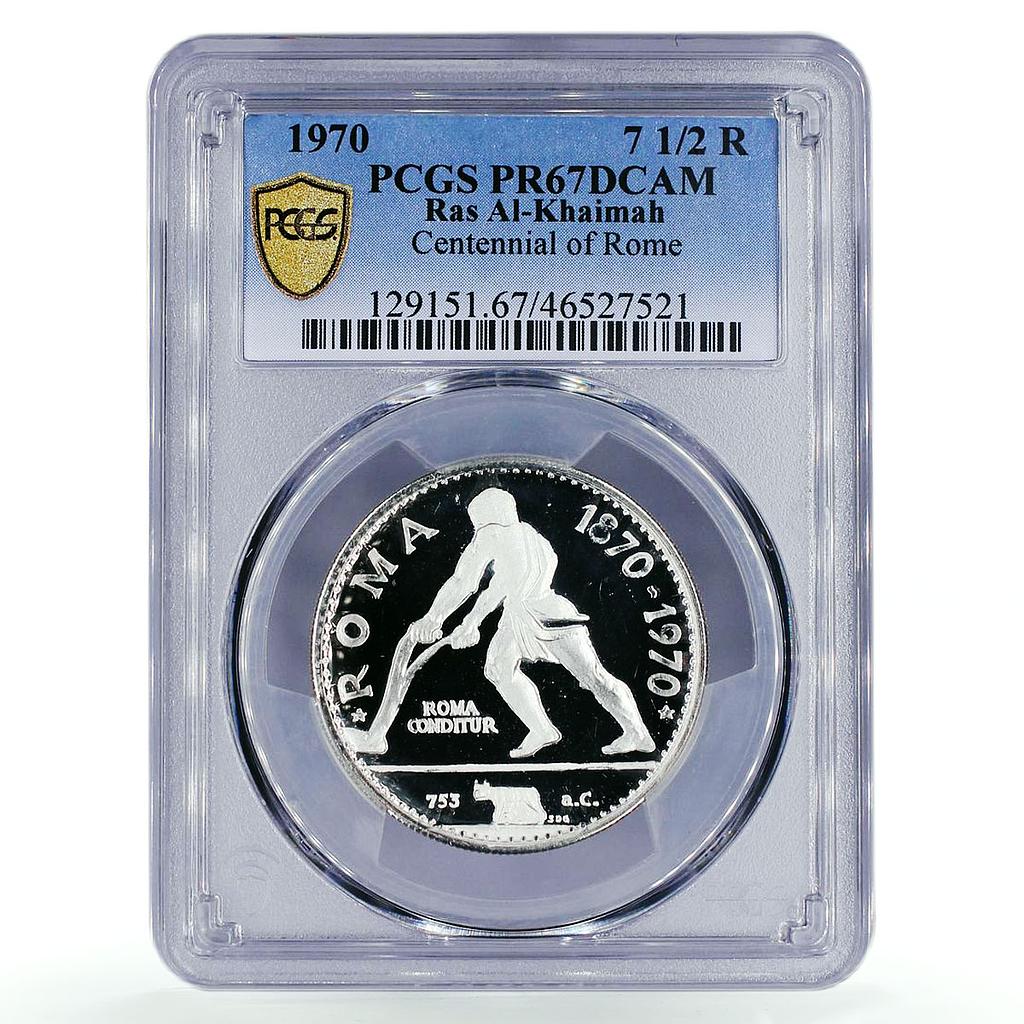 Ras al-Khaimah 7 1/2 riyals Rome City Plowing Man PR67 PCGS silver coin 1970