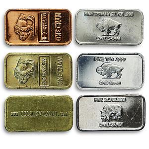 USA, set of 13 bars, 1 g, different metals, animals