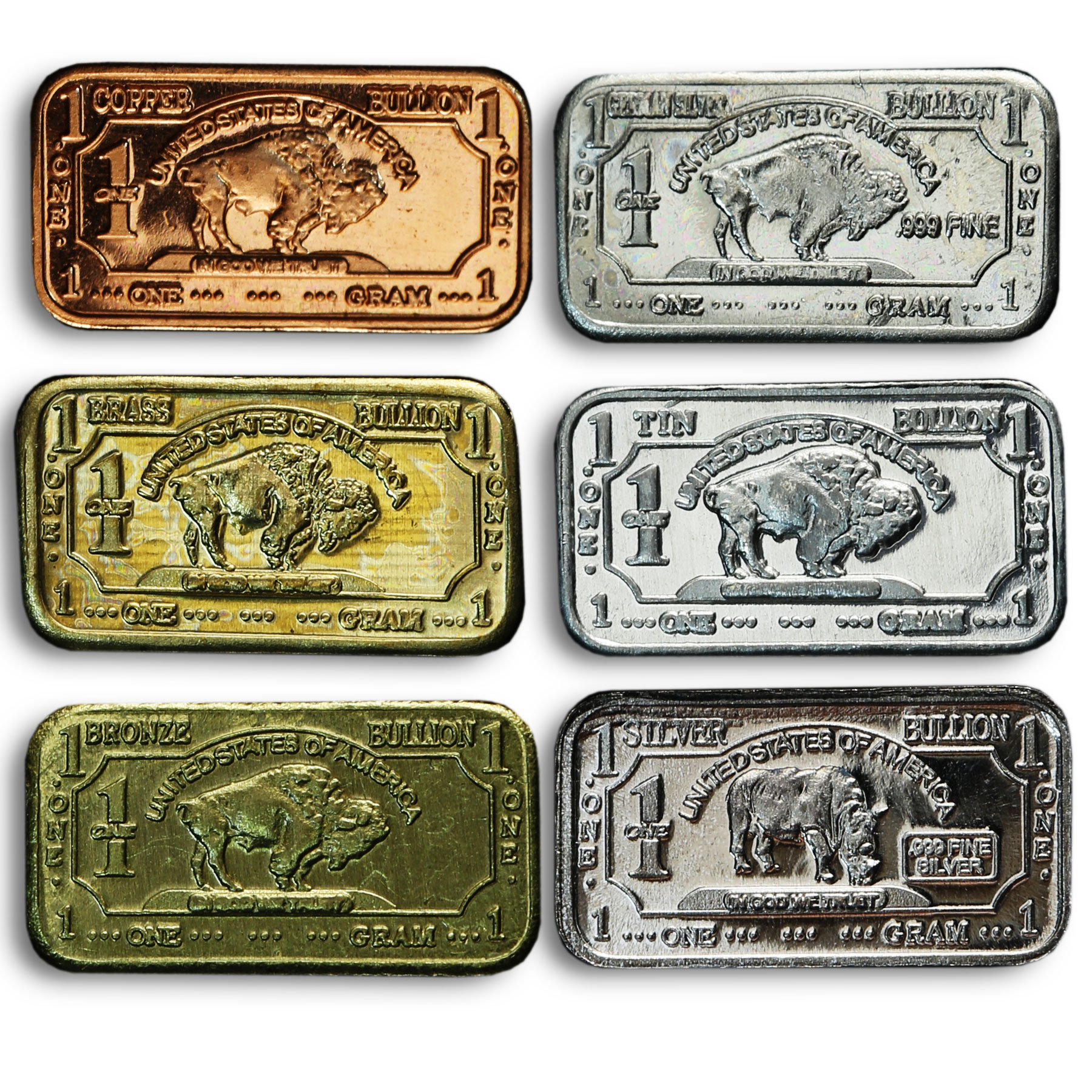 USA, set of 13 bars, 1 g, different metals, animals