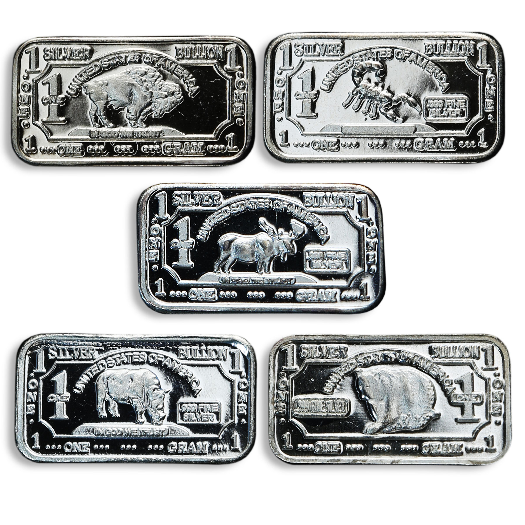 USA, set of bars 10, one gram of silver, animal, fauna