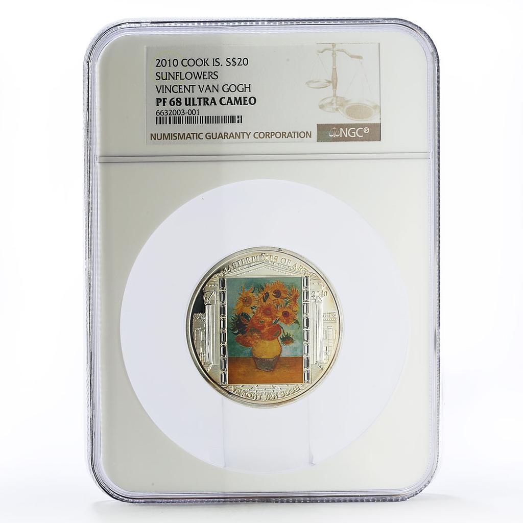 Cook Islands 20 dollars Vincent van Gogh Art Sunflowers PF68 NGC Ag coin 2010