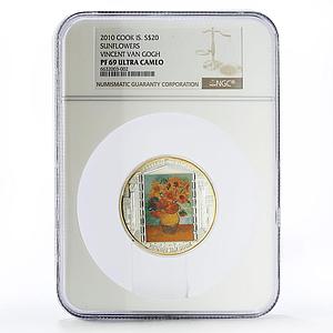 Cook Islands 20 dollars Vincent van Gogh Art Sunflowers PF69 NGC Ag coin 2010