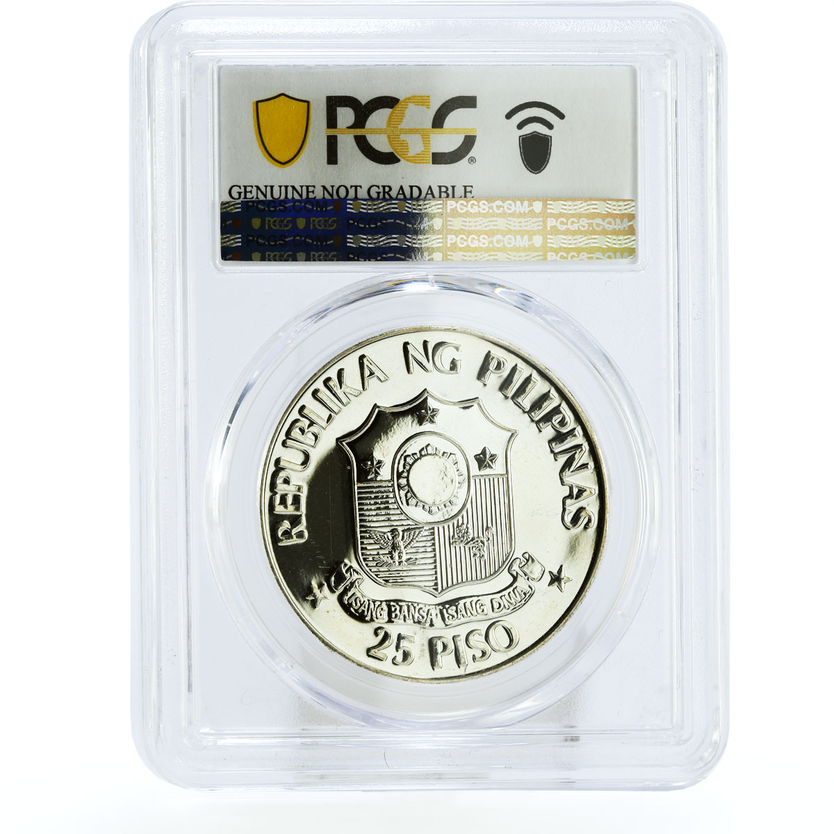 Philippines 25 piso Marcos and Reagan Meeting Genuine PCGS silver coin 1982