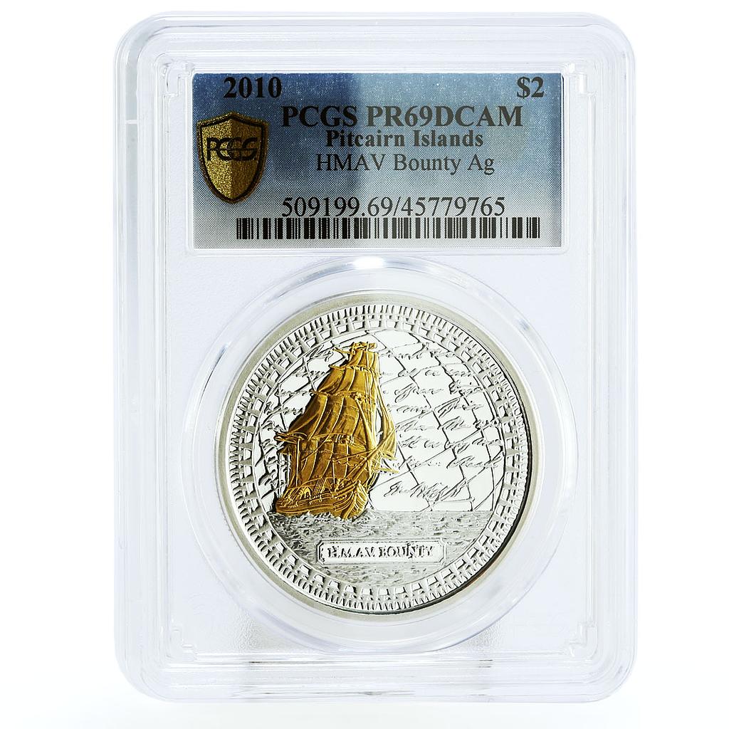 Pitcairn Islands 2 dollars HMAV Bounty Ship PR69 PCGS gilded silver coin 2010