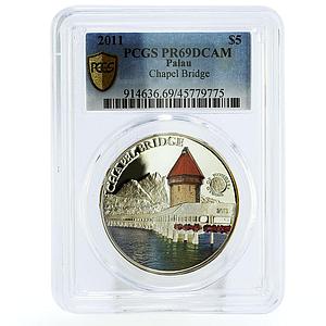 Palau 5 dollars World of Wonders Chapel Bridge PR69 PCGS colored Ag coin 2011