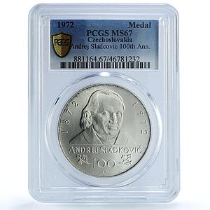 Czechoslovakia 100 Years Poet Andrej Sladkovic MS67 PCGS silver medal 1972