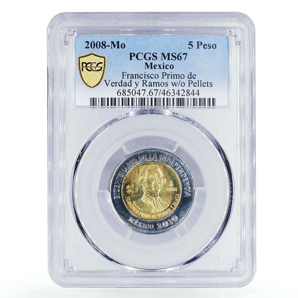 Mexico 5 pesos 200 Years Francisco Ramos No Dots MS67 PCGS AlBronze coin 2008