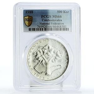 Czechoslovakia 500 korun National Federation Oak Tree MS66 PCGS silver coin 1988