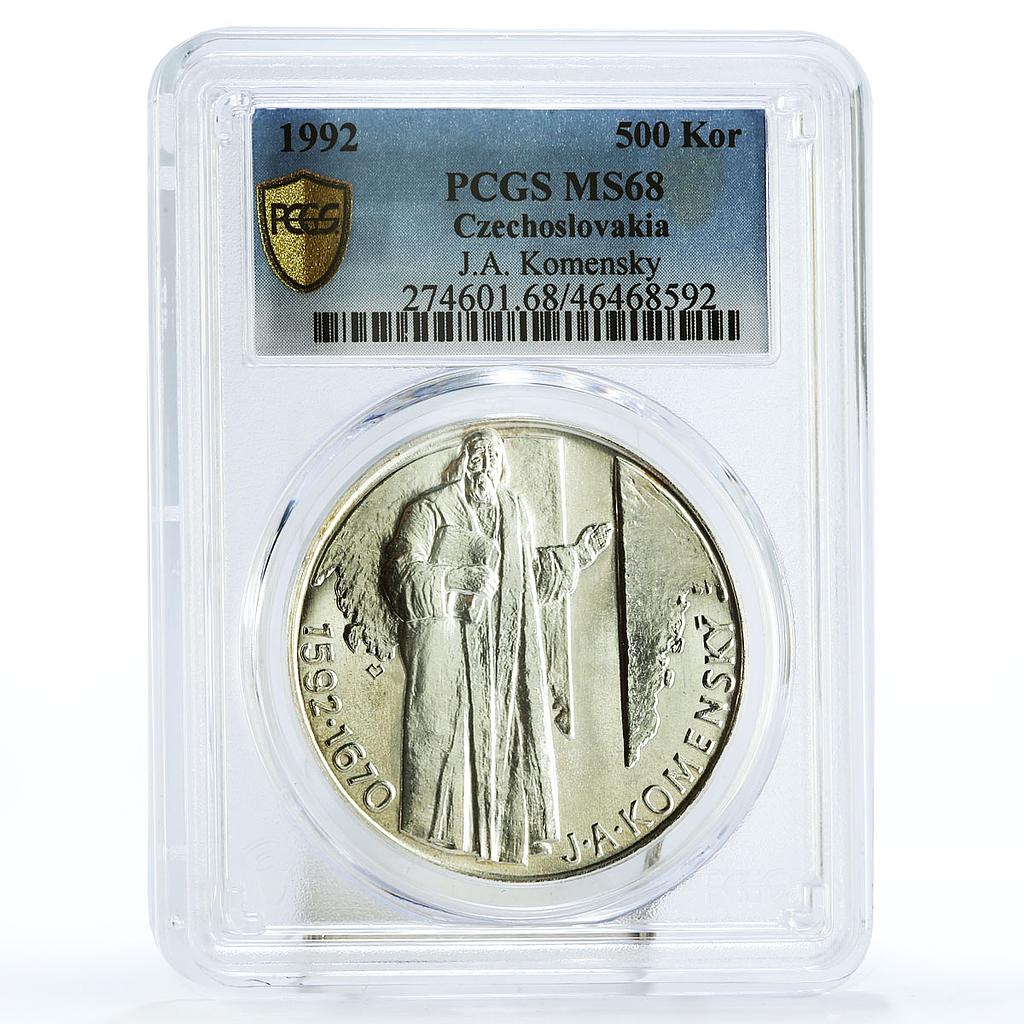 Czechoslovakia 500 korun Birthday Comenius Komensky MS68 PCGS silver coin 1992