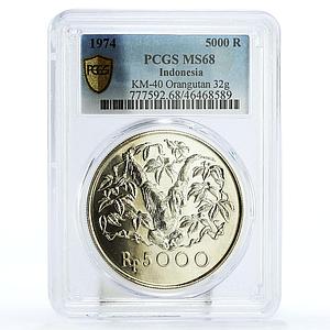 Indonesia 5000 rupiah Endangered Wildlife Orangutan MS67 PCGS silver coin 1974