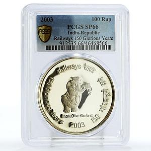 India 100 rupees 150 Years Railways Trains Elephant SP66 PCGS silver coin 2003