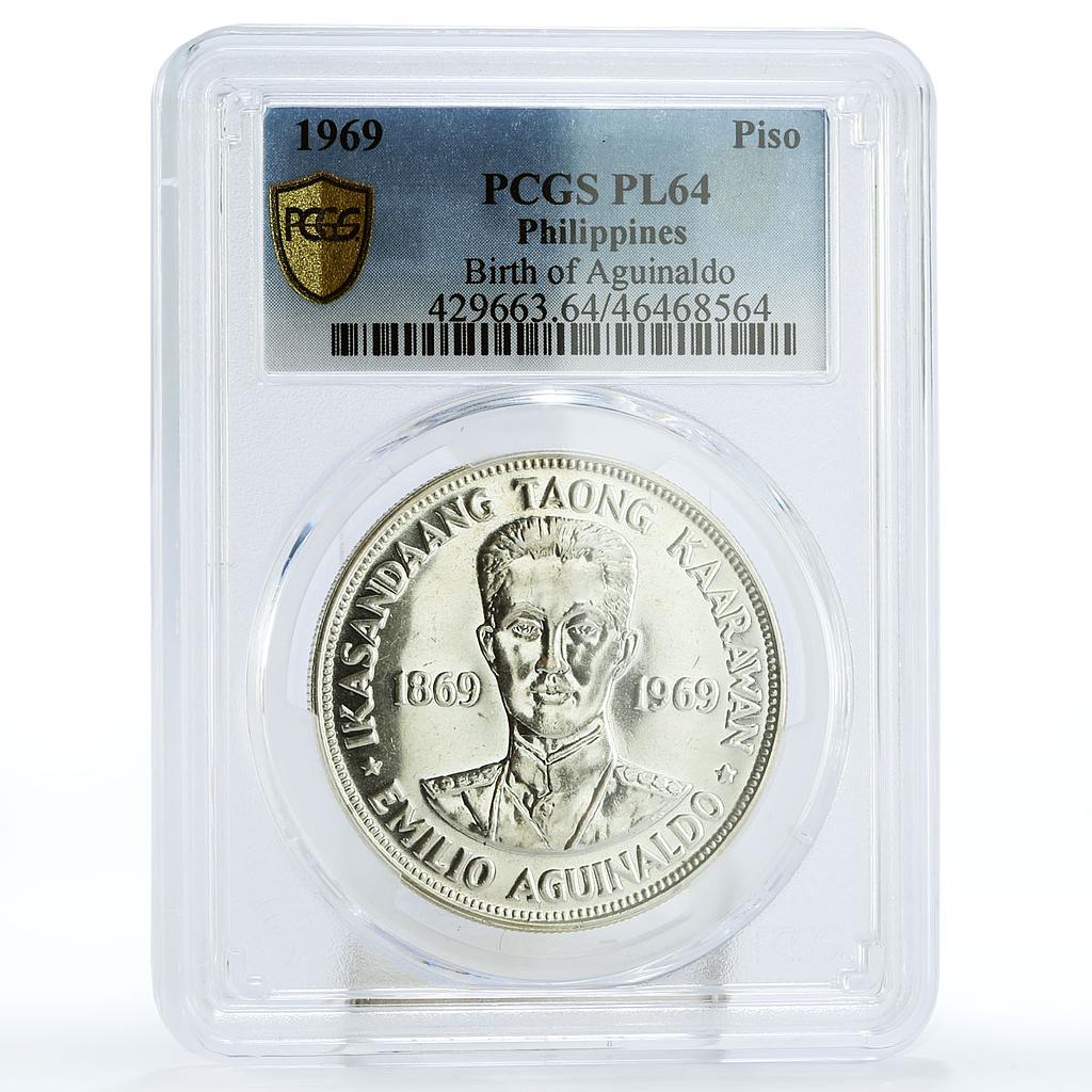 Philippines 1 piso Birth of Emilio Aguinaldo PL64 PCGS silver coin 1969