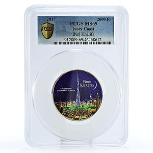 Ivory Coast 2000 francs Burj Khalifa Architecture MS69 PCGS silver coin 2017